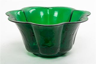 A Large Green Floriform Peking Glass Bowl. Diameter 10 1/2 inches.