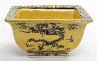 A Black Decorated Yellow Glazed Cache Pot Length 8 inches.