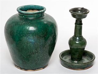 Two Green Glazed Pottery Articles Height of taller 8 1/2 inches.