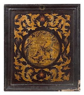 A Chinese Export Lacquered Panel Height 22 x width 19 inches.