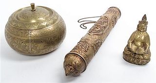 A Group of Three Brass Articles Length of vessel 15 1/4 inches.