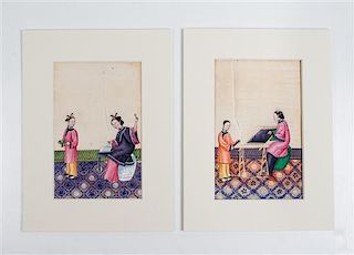 A Group of Three Chinese Pith Paintings Height of each 11 x width 7 inches.