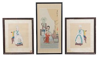 Three Ink and Color Paintings on Silk Height of first 15 x width 18 inches.