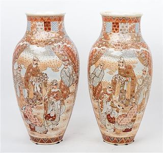 A Pair of Japanese Satsuma Porcelain Vases Height 18 1/8 inches.