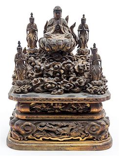 A Japanese Gilt Lacquered Wood Figural Group Height 13 x width 9 1/2 x depth 7 1/4 inches.