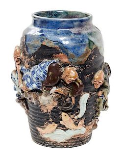A Japanese Sumida Gawa Pottery Vase Height 8 1/4 inches.