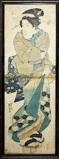 19th c Japanese ukiyo-e woodblock print signed Keisai Eisen (1790- 1848), 2 sheet, 28” x 9.5” 19th c