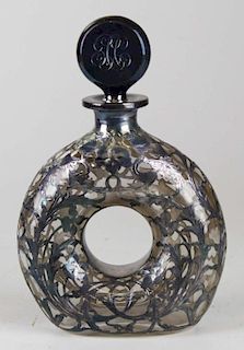 Victorian all-over sterling silver overlay ring form novelty decanter engraved "1904" 9.5" x 6"