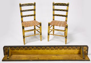 Pair Paint Decorated Chairs with Matching Shelf