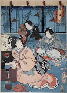 19th c Japanese ukiyo-e woodblock print signed, 13” x 9.5”