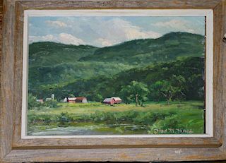 Fred M Hines( Vermont/Maine 20th c ) Farm Scene o/b 9 x 12" signed lower right