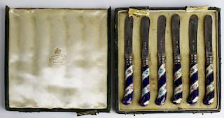 1901 set of 6 James Dixon & Sons Sheffield silver fruit knives with porcelain handles, lion passant