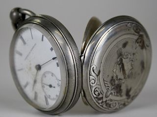 American Watch Co. open face coin silver key wind pocket watch. Roman numeral dial with Arabic secon