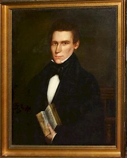 19th c New England portrait of a gentleman with book 30 x 24" o/c relined