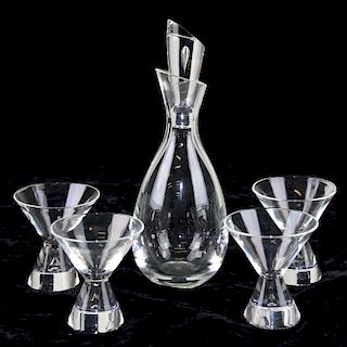 Steuben signed crystal  Teardrop decanter and 8 footed cocktail glasses 12", 4"