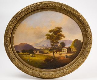Hudson River Painting in Oval Frame