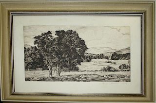 Luigi Lucioni (Vermont 1900-1988) summer landscape engraving 7 x 13" pencil signed lower right with