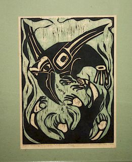 1963 Dale De Armand (Juneau, Alaska) ltd & #'d woodblock print “Raven Stealing Water from Petrel”, 1