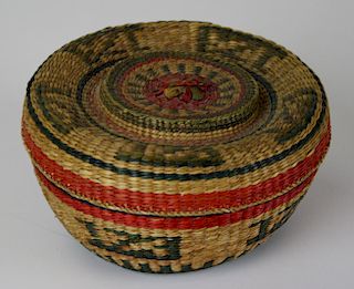 early 20th c Tlingit spruce root covered basket, ht 3”, dia 6”