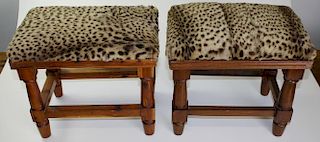 pr of mid-century footstools upholstered with spotted cat fur, some damage, 16” x 10” x 14”