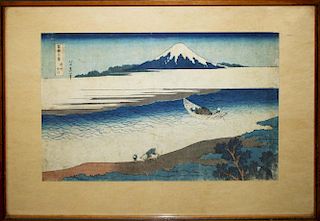 19th c Katsushika Hokusai (1760-1849) Japanese ukiyo-e woodblock print, view of Mt Fuji from Tamagaw