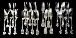 22 heavy sterling dinner forks- Gorham, Stebbins & Co, 4 patterns, length 7.5”, 52 troy ozs