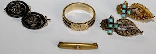 Lot of Victorian gold jewelry including child's gold ring engraved May., pr oval gold onyx earrings,