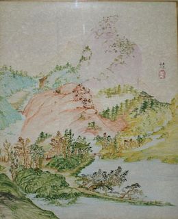 mid 20th c Chinese landscape watercolor with ink & painted signature, 23” x 17.5”mid 20th c Chinese
