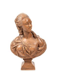 A French Terracotta Bust of Madame Du Barry, after Augustin Pajou, Height 26 1/4 inches.