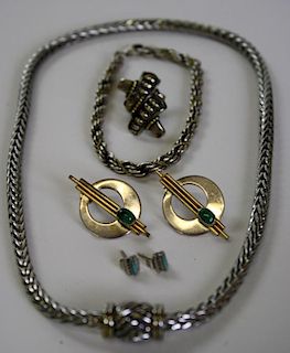 Lot of gold on sterling jewelry incl 2 chains, pr earrings, pr earrings with oval malachite stars &