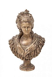 A French Terracotta Bust of Marie Antoinette, Height 29 1/2 inches.