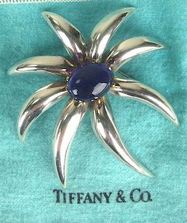 Tiffany & Co signed sterling flower brooch with polished oval amethyst center stone, 15.5 x 12mm, le