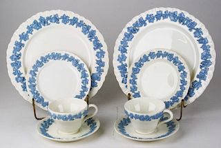 37 pc Wedgwood Queensware blue on cream partial luncheon set incl. cups, saucers, salad and dinner p