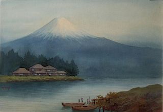 20th c Japanese school wc of Mt Fuji with lake signed Keiko