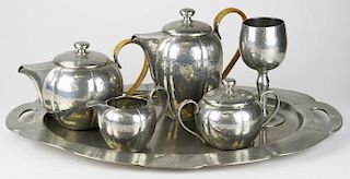 6 pc Porter Blanchard hand hammered Colonial pewter tea set with tray, length