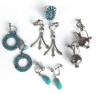 4 pairs of SW Navajo silver earrings & ring w/ turquoise stone