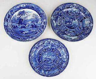 three blue Staffordshire porcelain plates incl Clews w/transfer dec of hunting scenes, exotic quadra