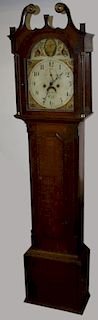Grandfather clock, arch broken top, oak cased, square base, reeded corners, floral and bird paint de