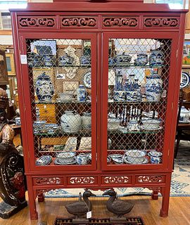 Pair of Custom Chinese Chippendale Style Red Grill Door China Cabinets