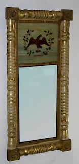 Sheraton split panel mirror with replaced reverse painted glass panel “Liberty” with eagle, 31.5” x