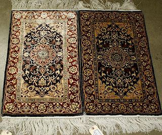 pr of Contemporary Persian Oriental silk area rugs, 1' 6” x 2' 8” each
