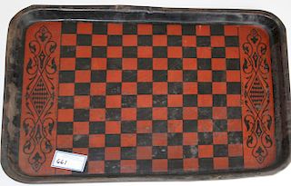 tin litho tray with game board front & parcheesi reverse signed Thos.Davidson Montreal 1916 LTD, 23.