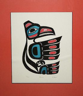 2 Inuit woodblock prints- R Pech “Raven” 24/ 200 (13 3/4” x 10.5”), Gem NW Coast native riding an or