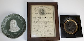 Dr Franklin print, medal, & jasperware plaque