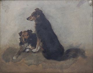UNSIGNED. OIL ON PANEL. DOGS