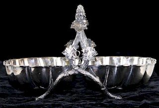 Mappin & Webb's Prince's Plate serving basket with two shell shaped bowls, twig form frame handle an