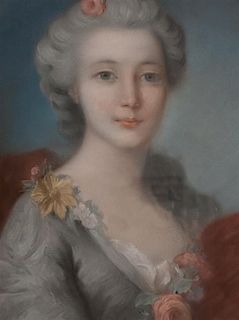 French School, (18th century), Portrait of a Lady in Gray Dress with Coral Rose