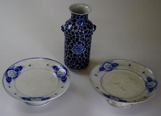 pr of late 19th c Chinese tazzas  (dia 9”, ht 3.5”, one tazza is damaged), & tall vase (ht 10”, vase