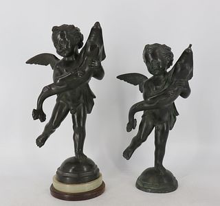 (2) Antique Cupid & Fish Bronze Sculptures /