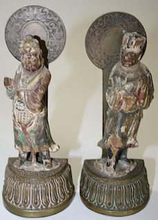 pr of early 18th c Chinese Qing-Lung carved wooden figures mounted in brass as bookends, ht 5.5', ov